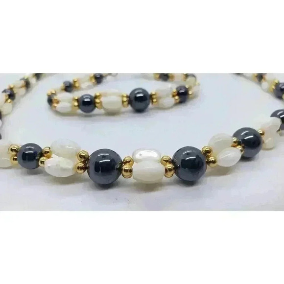 Hematite & Mother Of Pearl Necklace Bracelet Set Gold Bead Cluster Accents - Picture 5 of 9